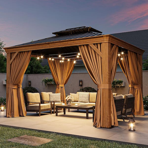12 ft. x 10 ft. Wood Grain Double Galvanized Steel Roof Patio Hardtop Gazebo with Ceiling Hook, Curtains and Netting