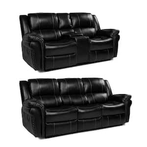 193.7 in. Slope Arm Big and Tall Leather Sofa L-Shaped Design with Cup Holders and Foot Rests in Black