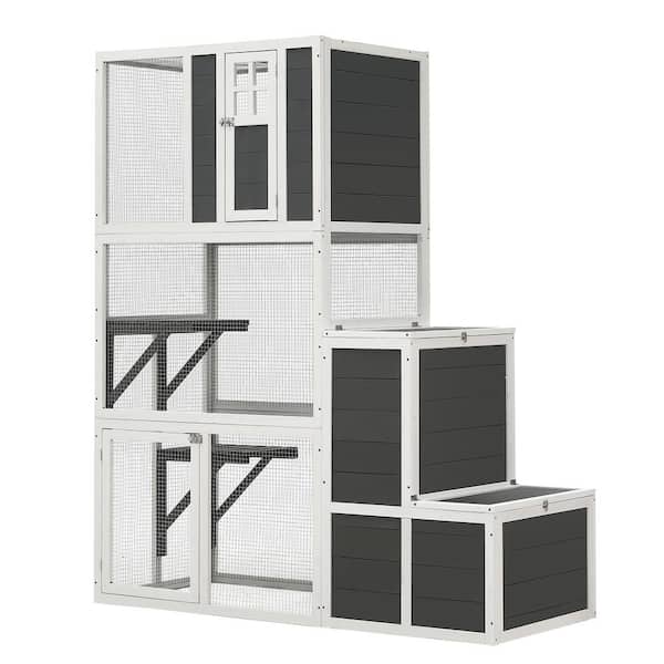 Tunearary 25 in. W x 59 in. L x 71 in. H Indoor And Outdoor Use 3-Tier Wooden Durable Wood and Wire Cat House Enclosure