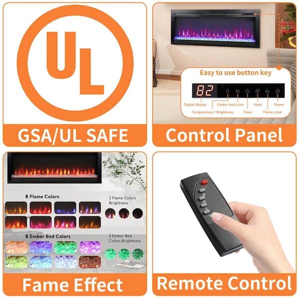 44 in. Wall-Mounted Electric Fireplace with 1400W Heat,Heater 400 sq. ft.,Timer,Adjust Brightness,8 Flame Colors,Black