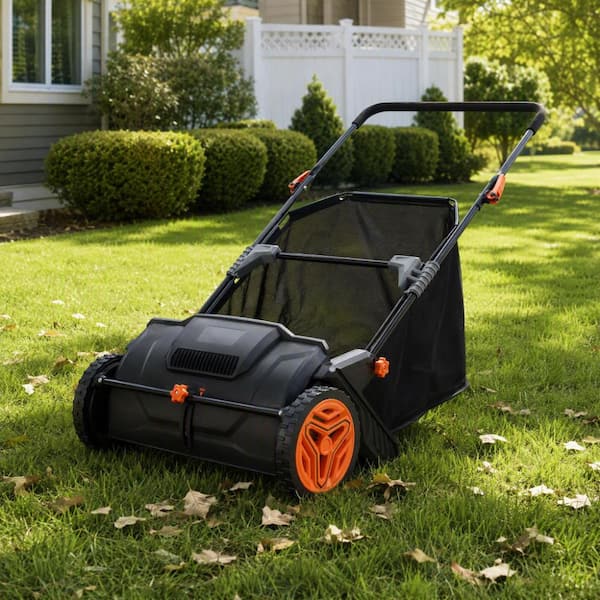 21 in. Outdoor Lawn Sweeper with 3.5 cu. ft. Hopper Bag, Dual Spinning Brushes & Rubber Wheels for Leaf & Grass Cleanup