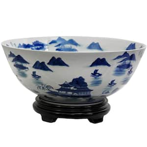 14 in. Porcelain Decorative Bowl in Blue