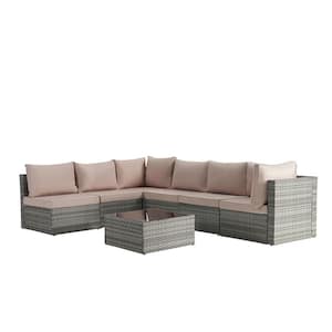 7-Pieces Wicker Rattan Outdoor Furniture Sofa Sectional and Table Set with Brown Cushions
