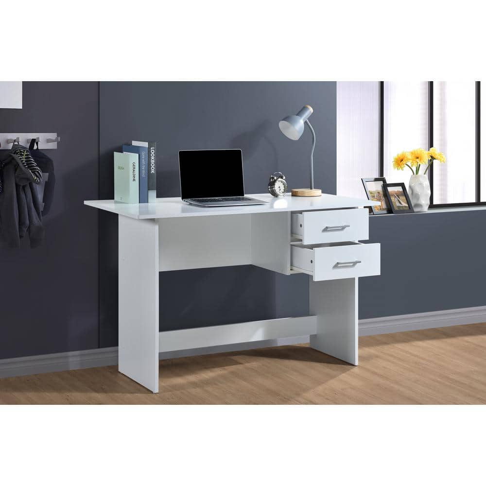 White Engineered Wood Writing Desk with Two Drawers