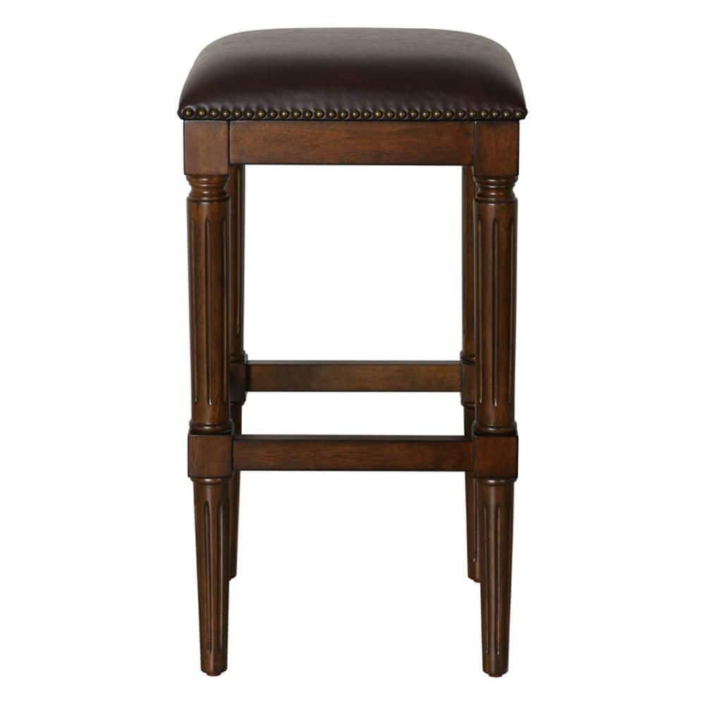 Distressed Walnut 30" Backless Bar Stool with Faux Leather Seat