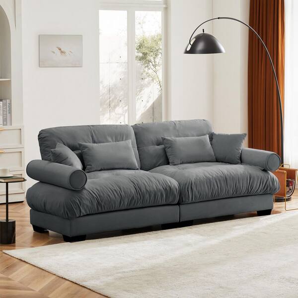 TOAST 93.7 in. Rolled Arm 2-Seater Velvet Rectangle Sofa with Cloud Seat Cotton Cushions in Charcoal Gray