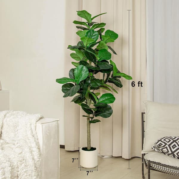 VIVATREES 6 ft. Artificial Fiddle Leaf Fig Faux Tree Fiddle Leaves Banjo Fig in White Pot for Indoor Outdoor Decor