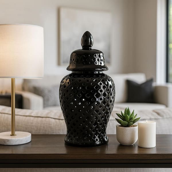 24 in. Black Stoneware Cut-out Clover Temple Jar