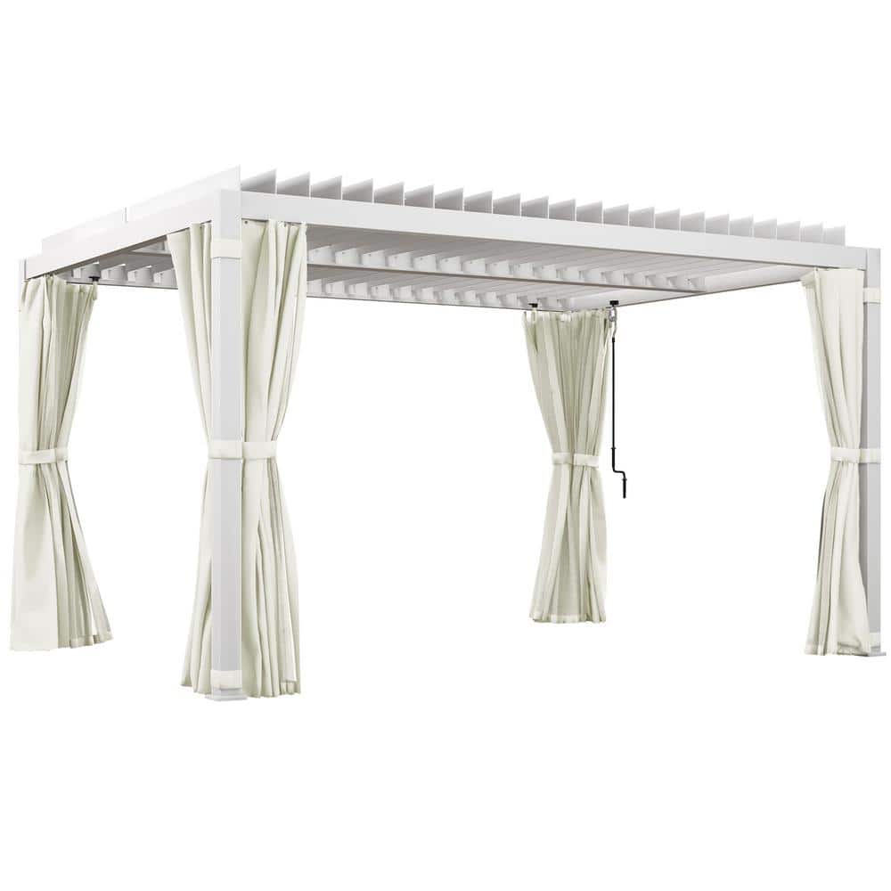 White Aluminum Outdoor Pergola with Adjustable Canopy and Curtains