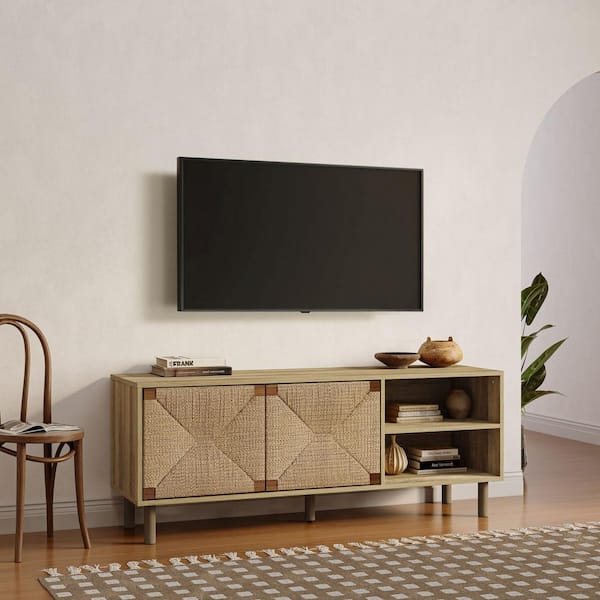 LuxenHome Brown Mid-Century Modern Rope TV Stand Fits TV's up to 65 in. with Storage