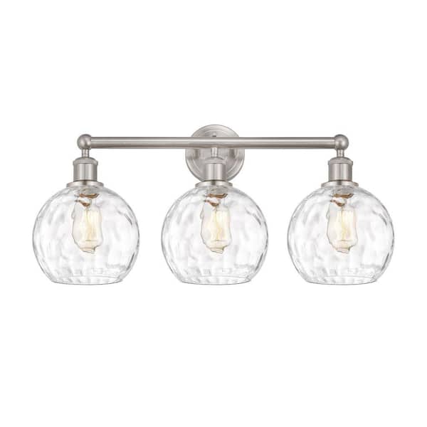 Athens Water Glass 26 in. 3-Light Brushed Satin Nickel Vanity Light with Glass Shade