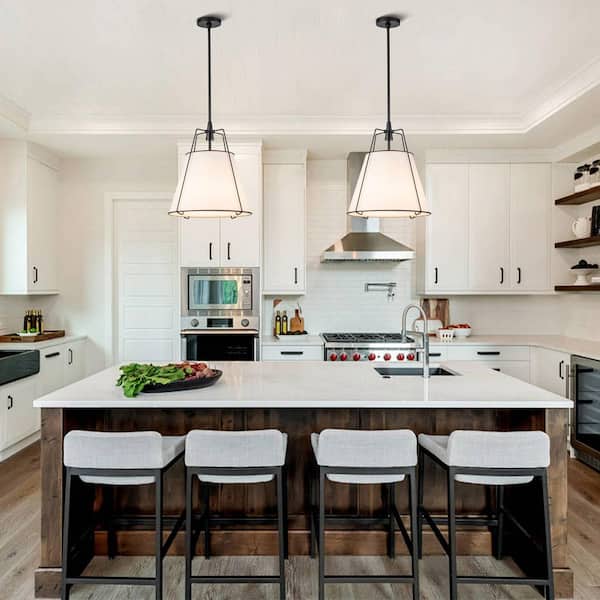 Haven 4-Light 15 in.W Matte Black Modern Farmhouse Drum Pendant Light with Fabric for Kitchen