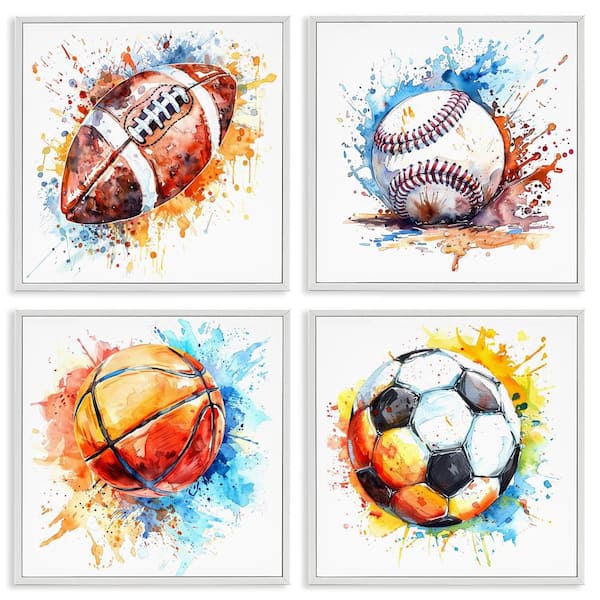 Stupell Industries Modern Splash Sports Balls by LSR Design Studio 4-Pieces White Framed Sports Giclee Art Print 17 in. x 17 in.