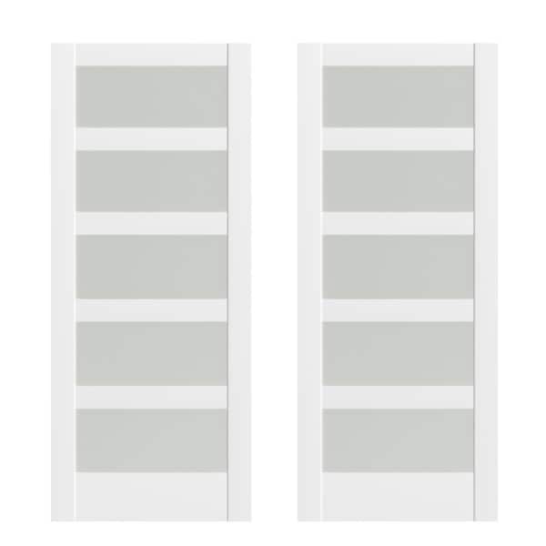 TENONER 72 in. x 80 in. 5-Panel Frosted Glass, Solid Core, Painted, White Primed MDF Wood Pocket Door Frame without Hardware