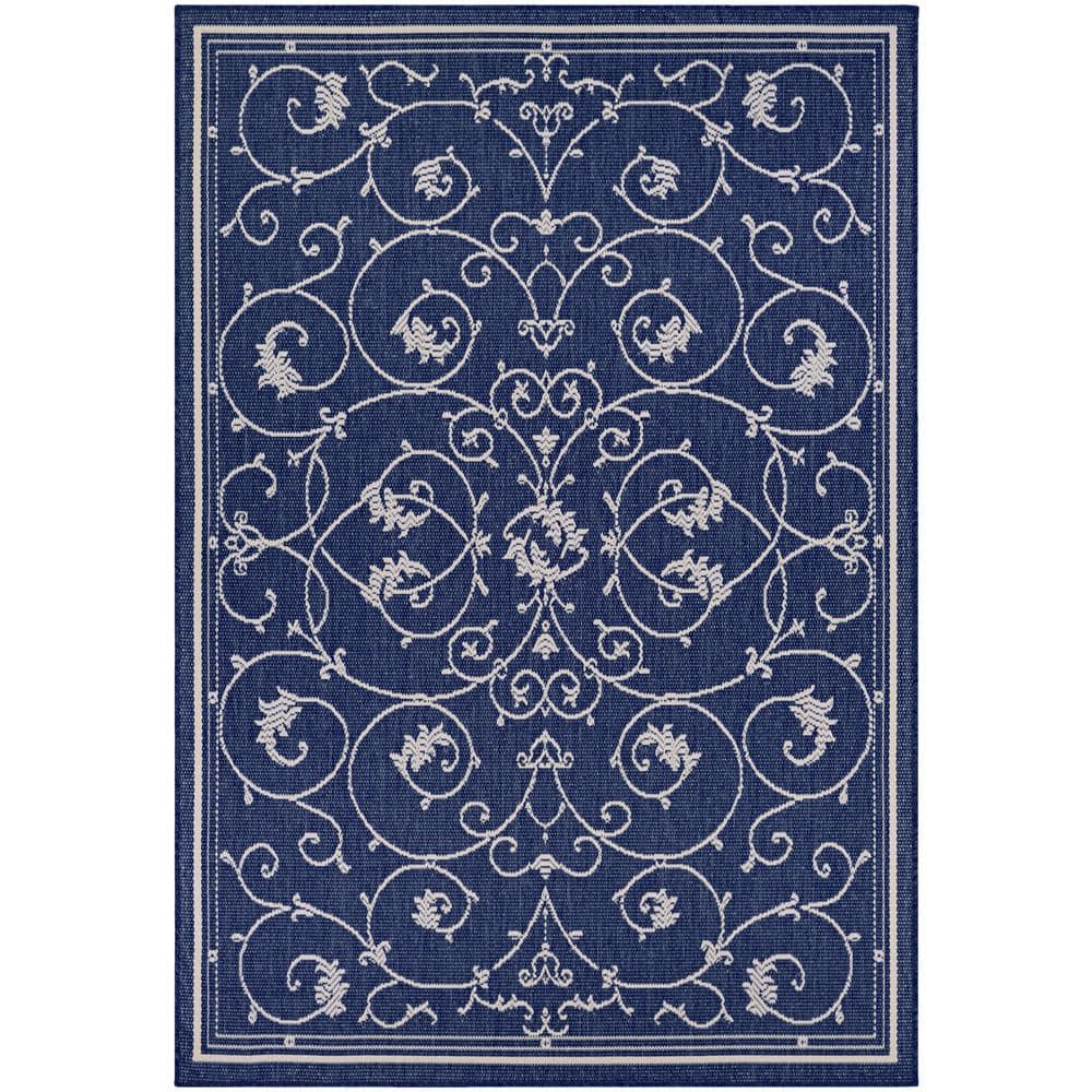 Elegant Ivory-Indigo Flatweave Synthetic Outdoor Rug, 3'9" x 5'5"