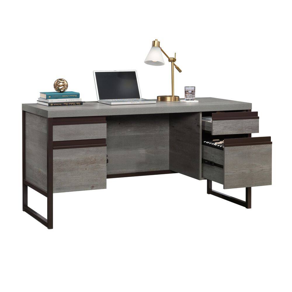 Mystic Oak Gray Wood Computer Desk with Drawers and Filing Cabinet