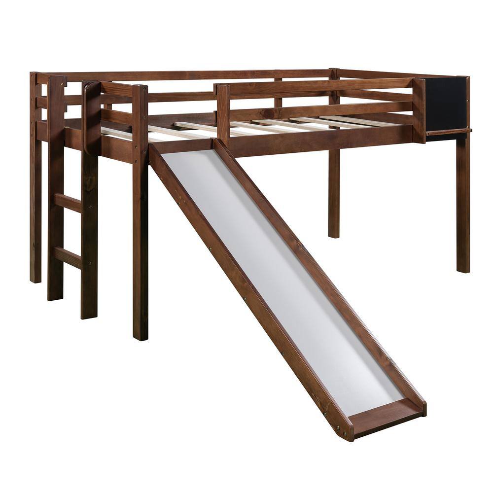 Qualler Walnut Twin Size Loft Bed Wood Bed with Slide and Chalkboard