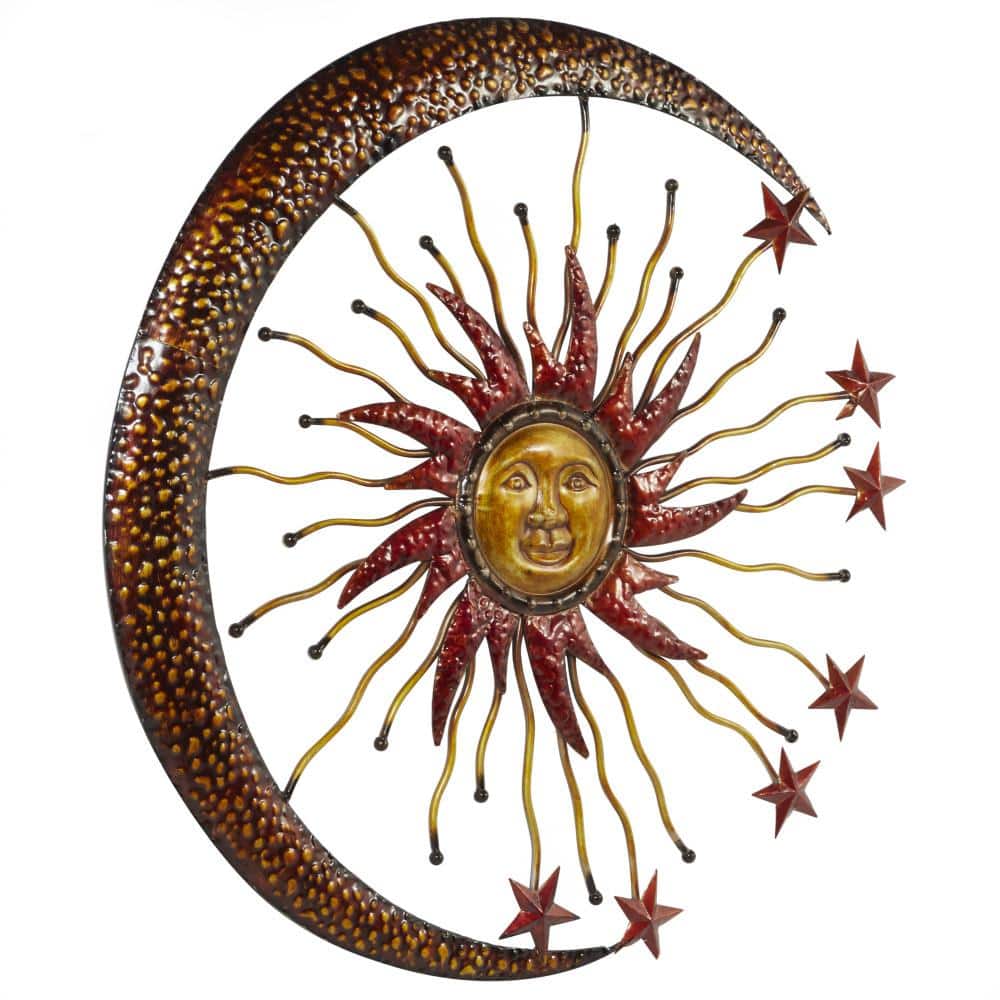 Copper and Red Metal Sun Moon Starburst Wall Sculpture