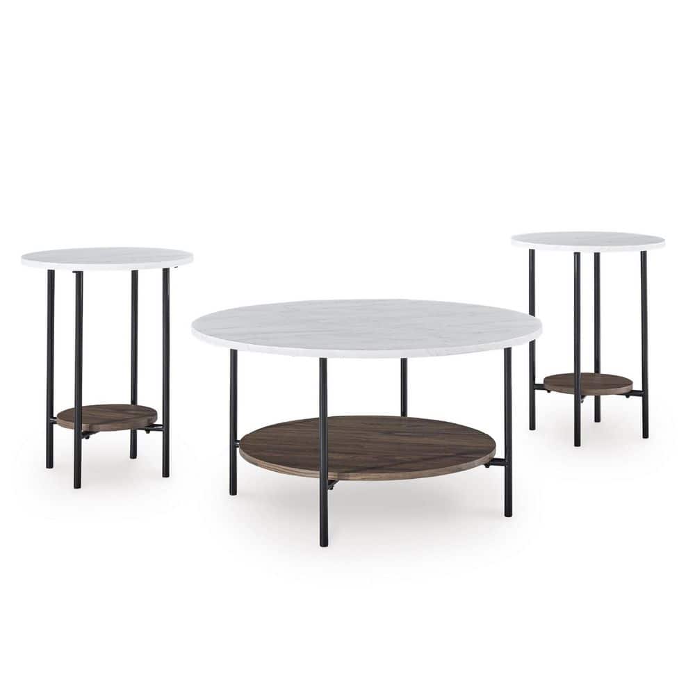 Wrenwich 34 in. Brown/White Round Faux Marble Coffee Table Set with Shelves (Set of 3)