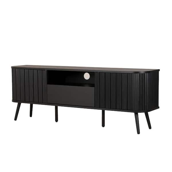 JONATHAN Y Damien 70 in. Farmhouse Curved TV Stand with Drawer and Storage Doors Fits TVs up to 75 in. with Cable Management, Black