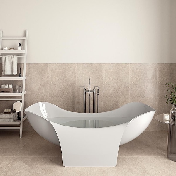 67 in. x 32 in. NS7120CH Stone Resin Freestanding Soaking Bathtub in Matte White with Polished Chrome Drain Bamboo Tray