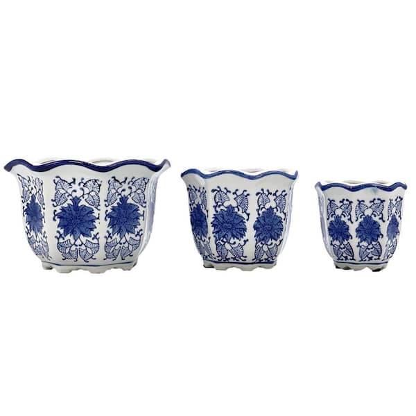 Set of 3 Blue & White Floral Ceramic Pots Ruffled Lip