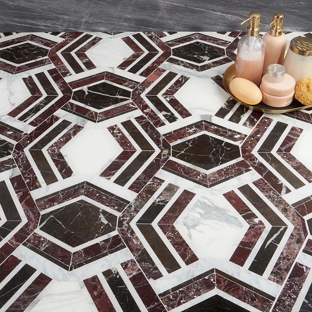Bordeaux and Maroon Geometric Marble Mosaic Tile 11x18