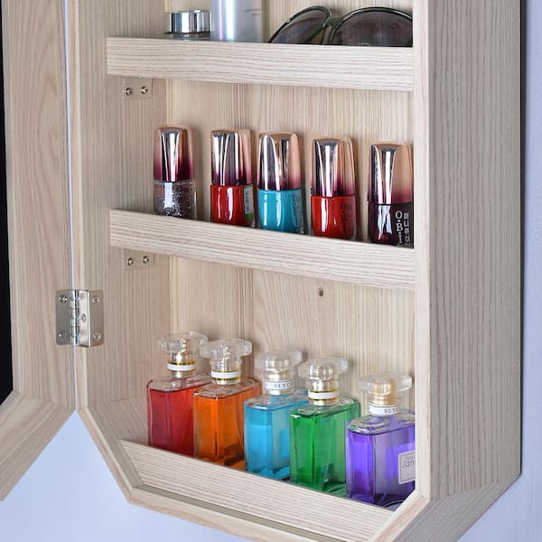 Seafuloy Jewelry Storage Mirror Cabinet Lockable Full Mirror Octagon Fashion Can Be Hung On The Door Or Wall (Natural)