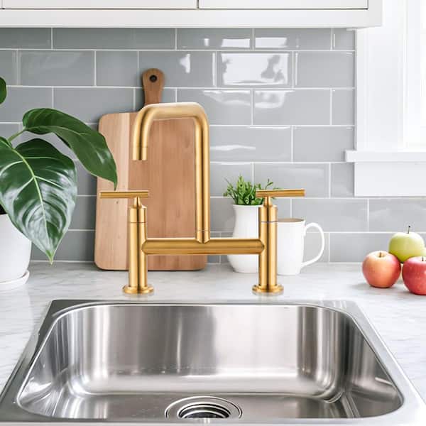 8 in. Centerset Double Handle Brass Bridge Kitchen Faucet with Sink Hole Cover in Brushed Gold