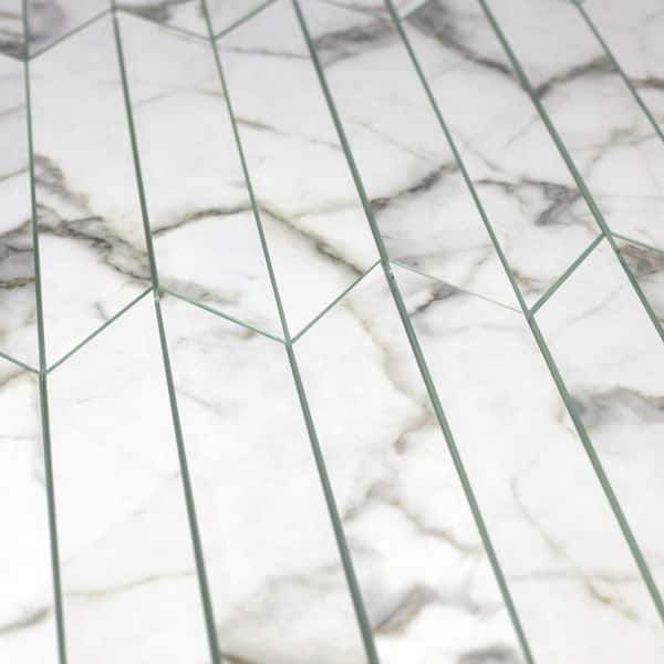Nature Chevron 4 in. x 12 in. Carrara Gray Marble Look Glass Wall Tile (1.2 sq.ft./Case)