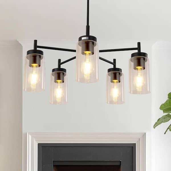 5-Light Rustic Chandelier with Clear Glass Shades - Modern Black Pendant Light Fixture for Dining Room