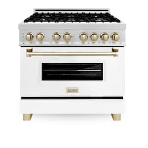 Autograph Edition 36 in. 6 Burner Dual Fuel Range in Fingerprint Resistant Stainless Steel, White Matte & Polished Gold