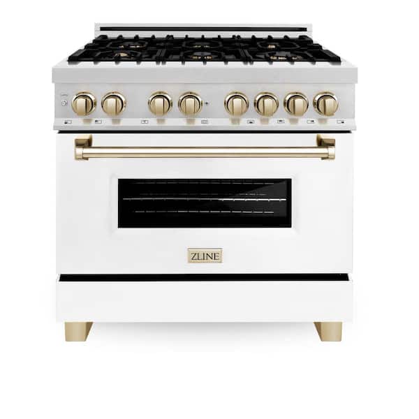 Autograph 36 in. Legacy Dual Fuel Range with 6 Burners and Electric Oven in Satin Steel with White and Gold Accents