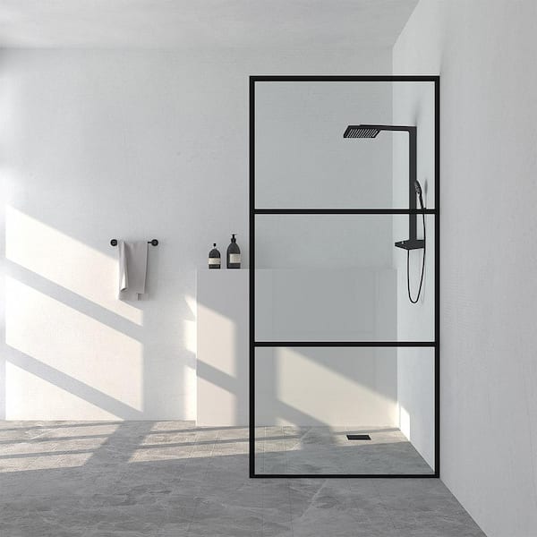 TaiMei 34 in. W x 72 in. H Fixed Framed Shower Door in Matte Black Finish with Patterned Glass