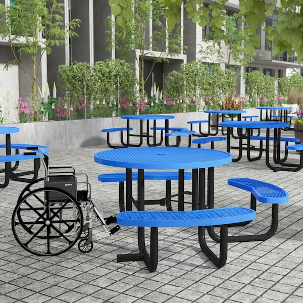 Carnegy Avenue Creekside 82.5 in. Blue Round Steel Outdoor Picnic Tables Seats 4 People With Umbrella Hole