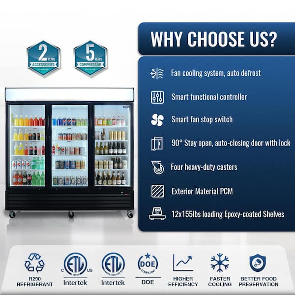 80 in. 70 cu. ft. Commercial Upright Merchandiser Refrigerator in Black with Tempered Glass Door and LED Top Panel