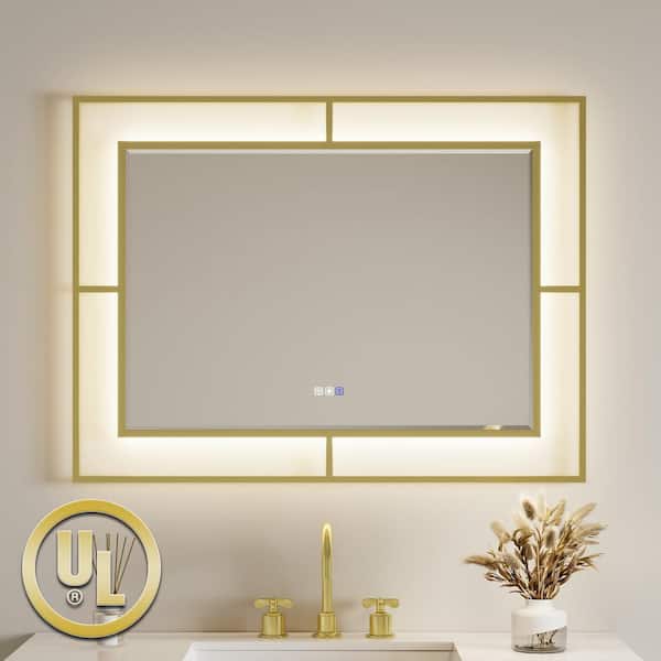 ES-DIY 40 in. H x 30 in. W Medium Rectangular Golden Framed Anti-Fog LED Wall Bathroom Vanity Mirror Lighted Mirror