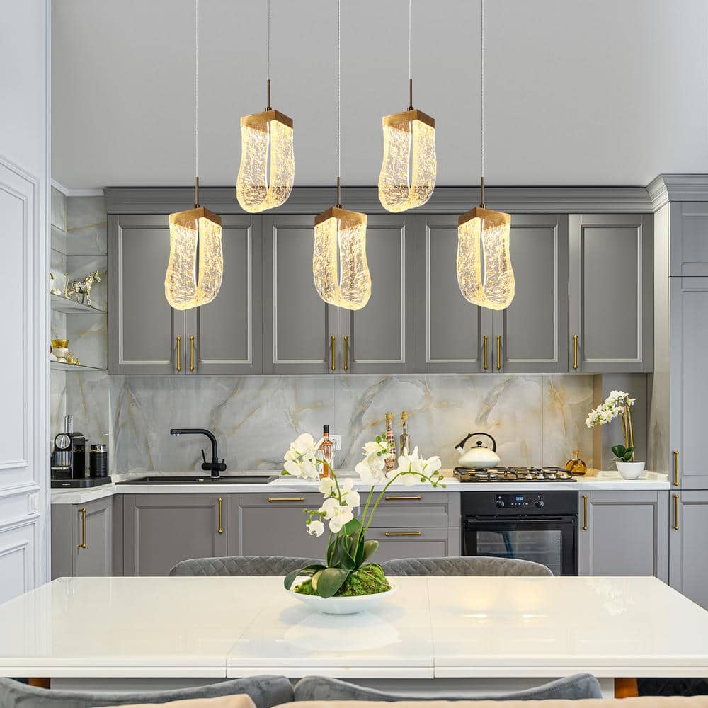Aeyilana Brass and Crystal 5-Light LED Kitchen Island Pendant
