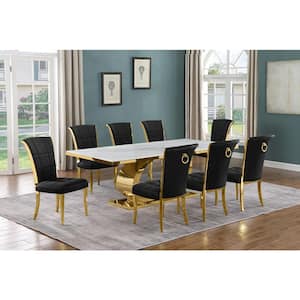 Ibraim 9-Piece Rectangle White Marble Top Gold Stainless Steel Dining Set with 8 Black Velvet Gold Iron Leg Chairs