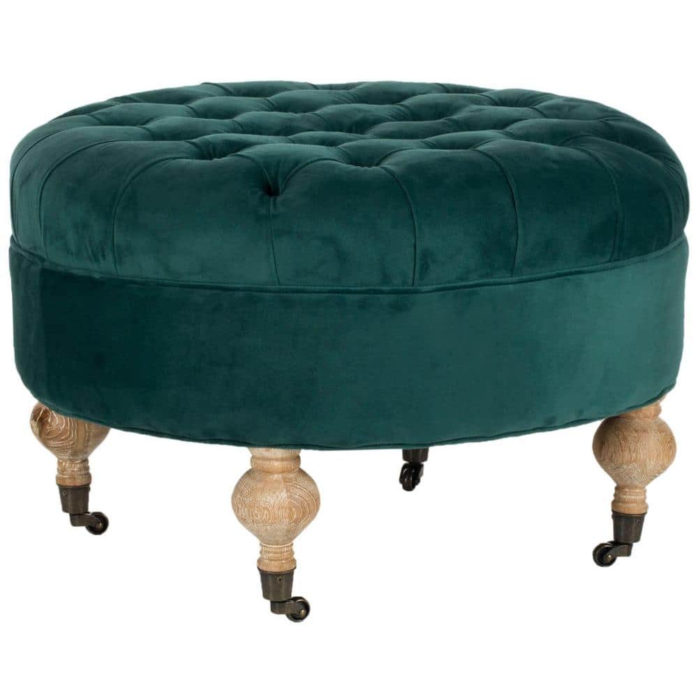 Transitional Clara 27" Tufted Round Ottoman in Marine Blue Velvet