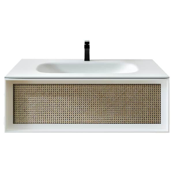 Nets 44 in. Single Sink Floating Natural Oak/White Bath Vanity with White Solid Surface Top (Assembled)