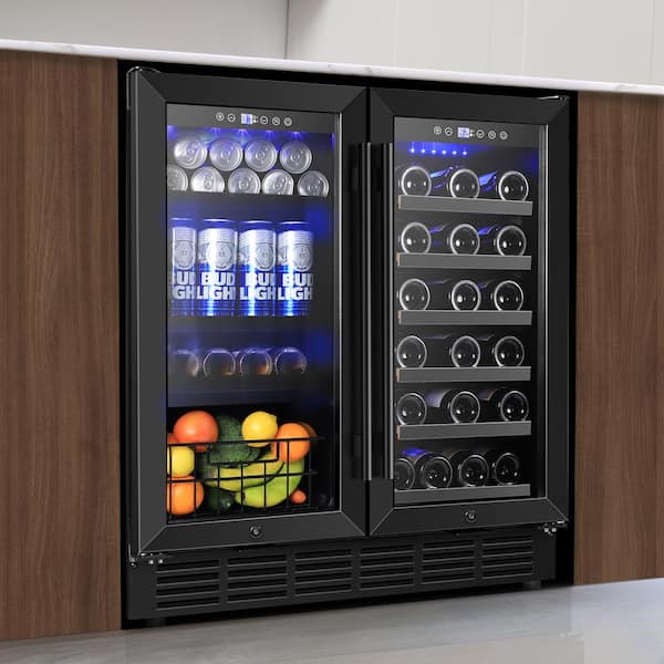 30 in. Dual Zone 33-Bottle and 85-Can Beverage and Wine Cooler Built-In 6-Adjustable Feet in Black Stainless Steel
