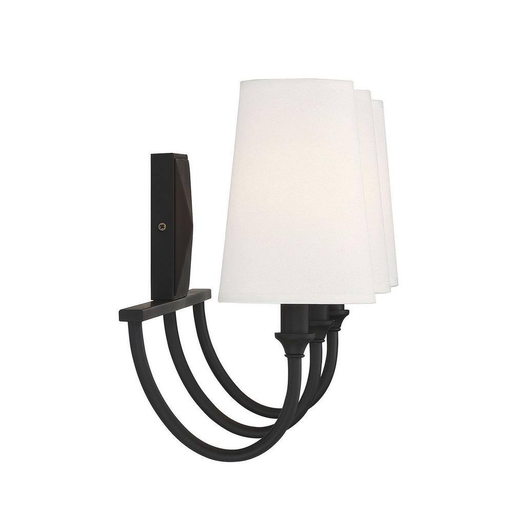 Matte Black 3-Light Bathroom Vanity with White Fabric Shades