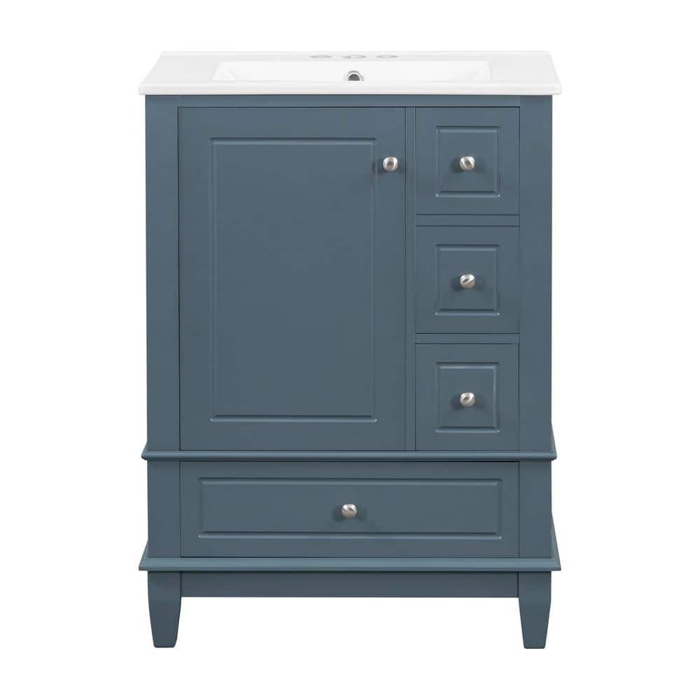 24 in. Freestanding Blue Bath Vanity with White Ceramic Top 3 Drawers and Storage Shelves price history on PriceWatchPro