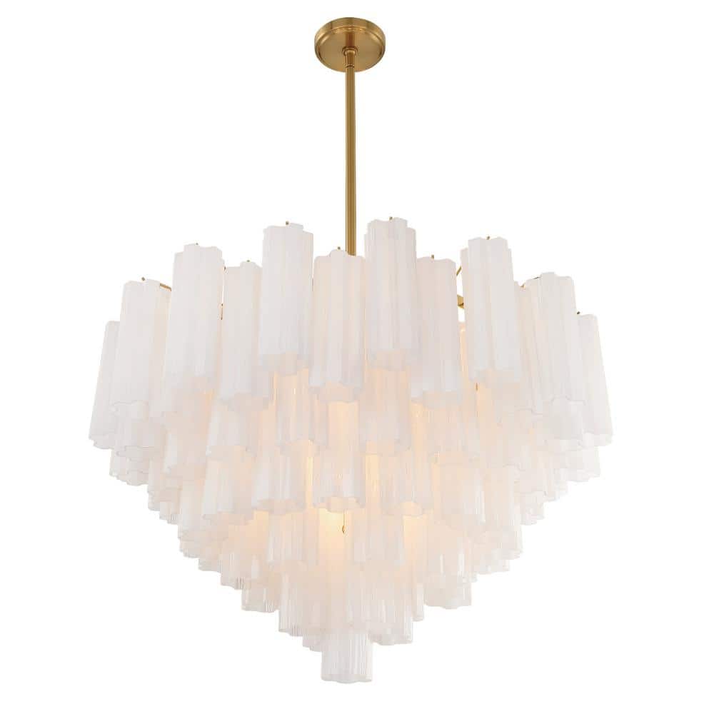 Aged Brass and White Tronchi Glass 16-Light Chandelier