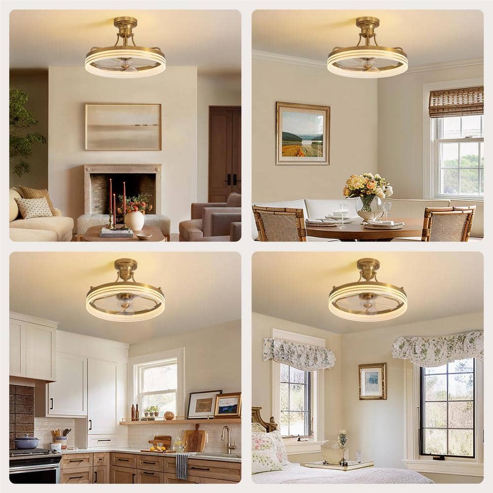 Gold Low Profile Flush Mount Ceiling Fan with LED Light and Remote