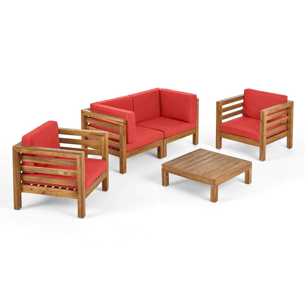 Noble House Oana Teak Brown 5-Piece Wood Patio Conversation Set With ...