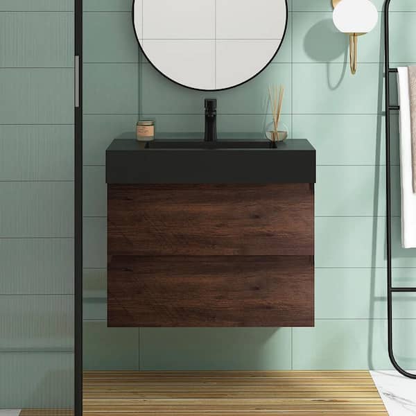 Boosicavelly 30 in. W x 18 in. D x 25 in. H Single Sink Floating Bath Vanity in Walnut with Matt Black Solid Surface Top