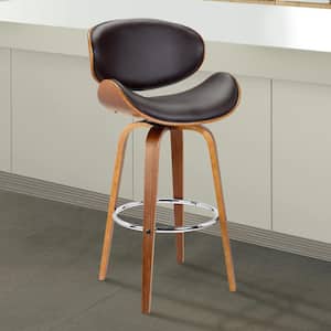 Solvang 26 in. Brown Faux Leather with Walnut Wood Mid-Century Swivel Counter Height Bar Stool