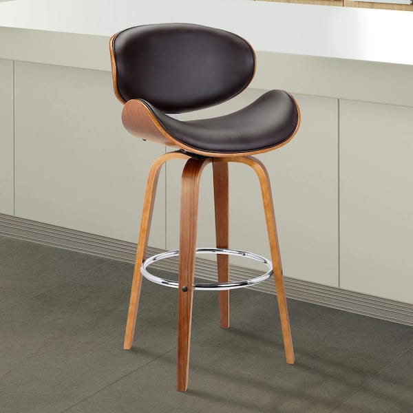 Armen Living Solvang 26 in. Brown Faux Leather with Walnut Wood Mid-Century Swivel Counter Height Bar Stool